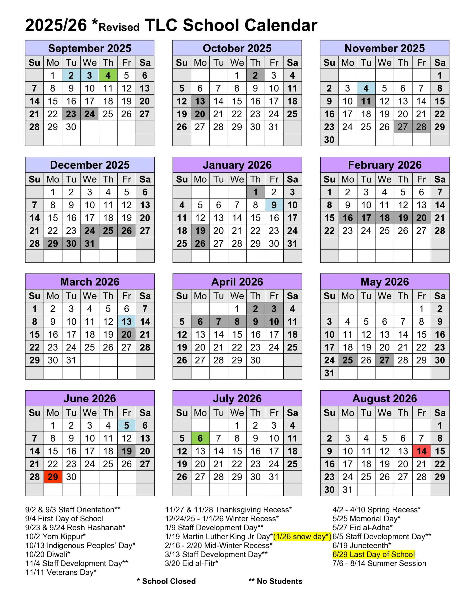 2025-26 TLC School Calendar (revised)
